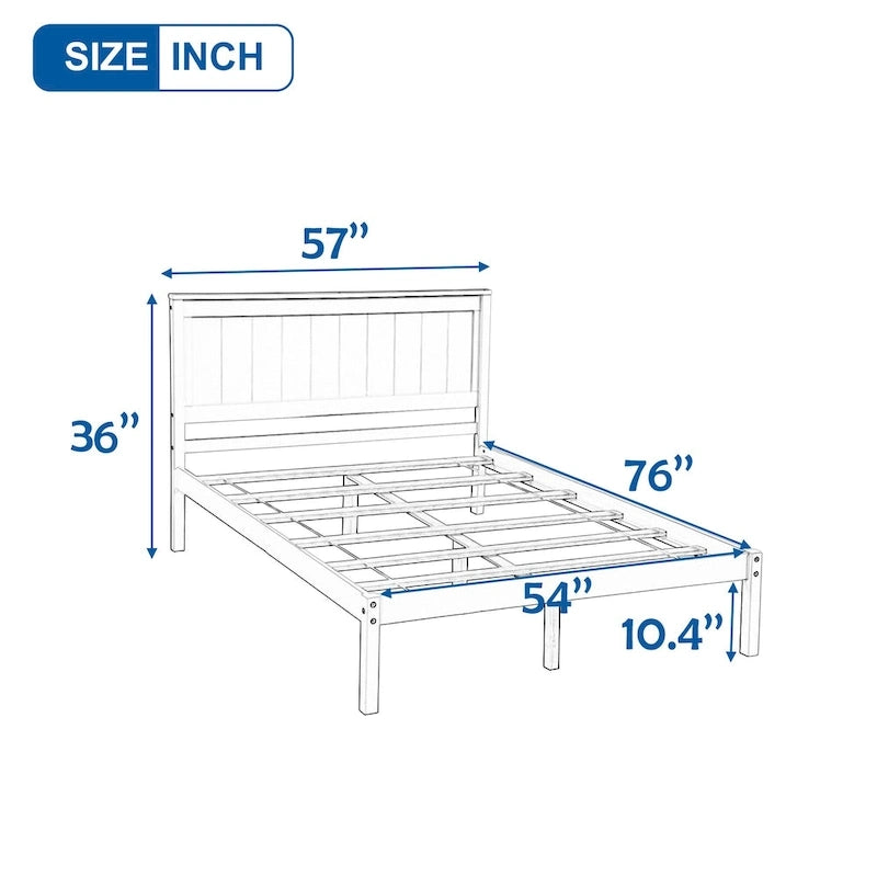 Cadre de lit plateforme blanc complet avec tête de lit attachée, pin et MDF, pour 2 personnes