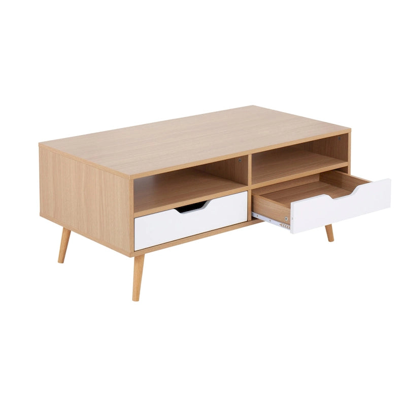Table basse avec tiroirs en bois naturel et blanc — 2 personnes