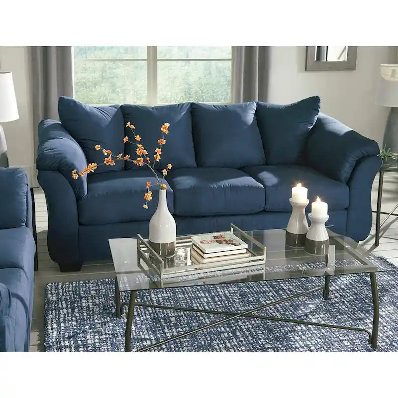 Canapé 3 places en microfibre bleu marine, dossier oreiller