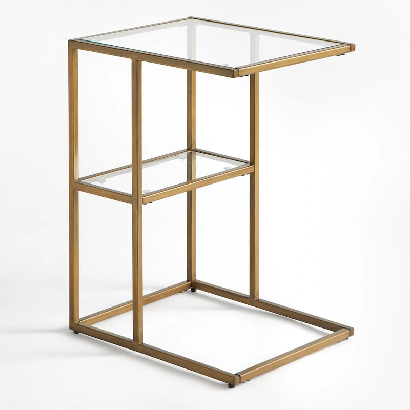 Table d'appoint en métal doré en forme de C avec étagères en verre trempé, 1 personne