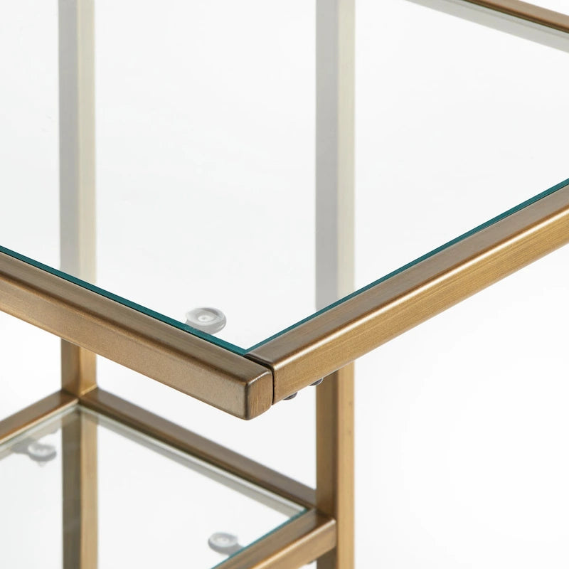 Table d'appoint en métal doré en forme de C avec étagères en verre trempé, 1 personne