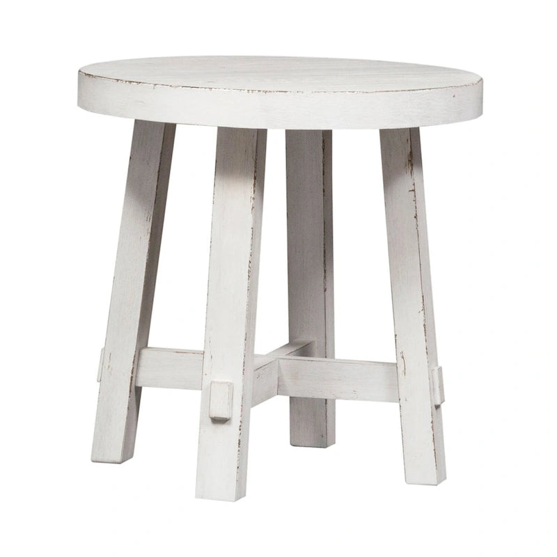 Table d'appoint ronde blanche vieillie avec pieds évasés – Dessus en bois/placage, 1 place