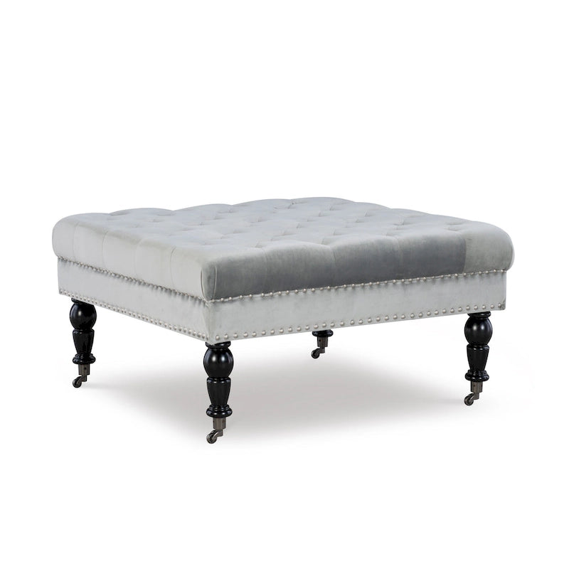 Ottoman carré capitonné en velours gris – Siège unique
