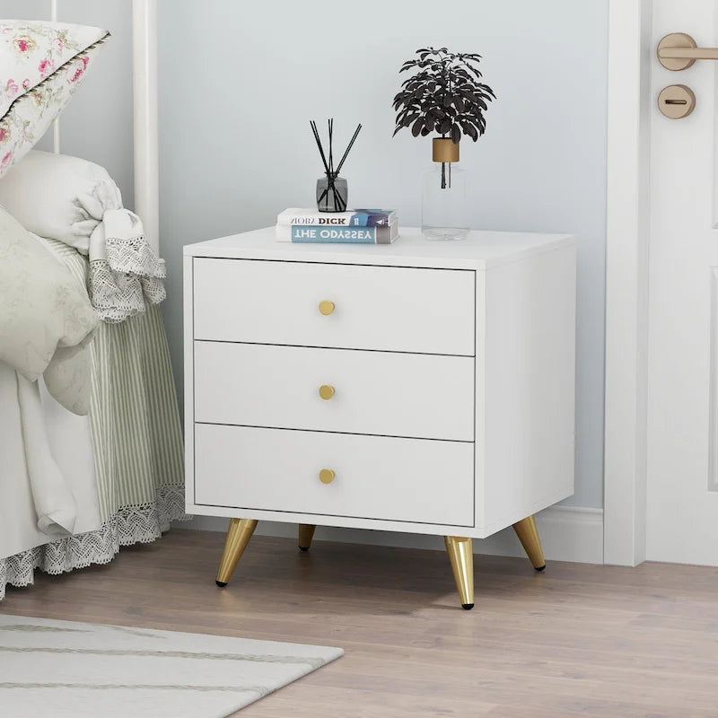 Table de chevet blanche à 3 tiroirs avec pieds en métal – 1 ou 2 pièces