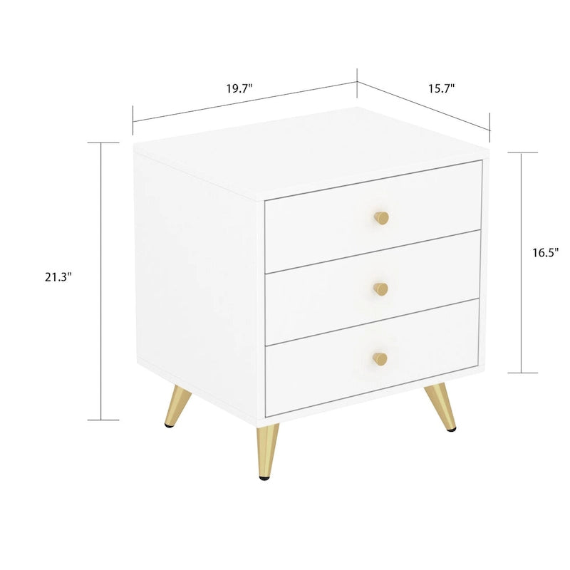 Table de chevet blanche à 3 tiroirs avec pieds en métal – 1 ou 2 pièces