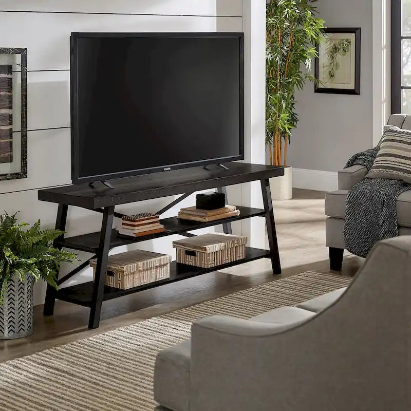 Meuble TV à base en X gris / noir / chêne / marron de 60 pouces, étagère ouverte, convient aux téléviseurs jusqu'à 65 pouces