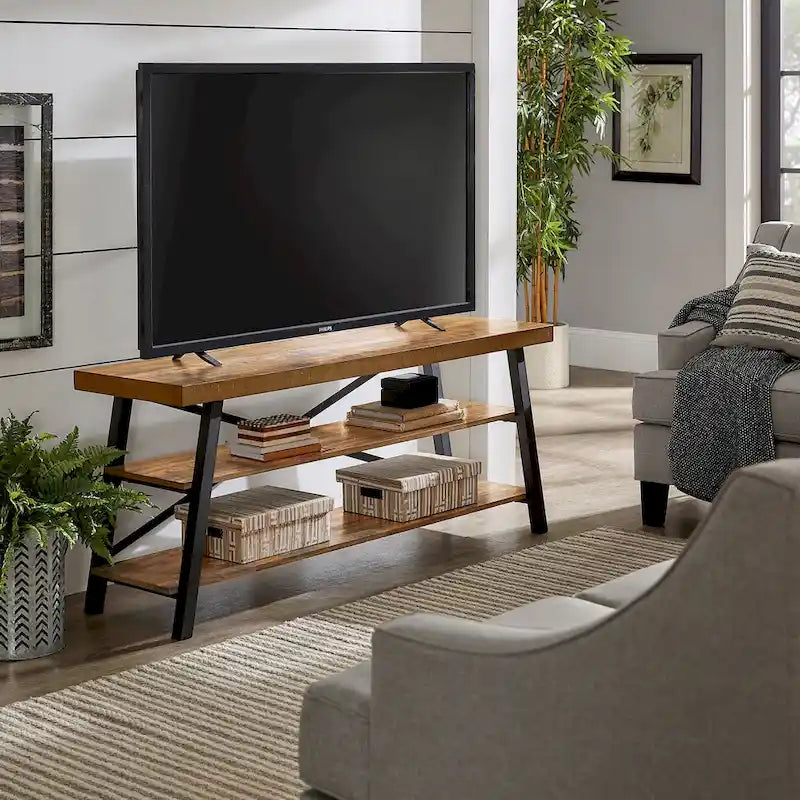 Meuble TV à base en X gris / noir / chêne / marron de 60 pouces, étagère ouverte, convient aux téléviseurs jusqu'à 65 pouces