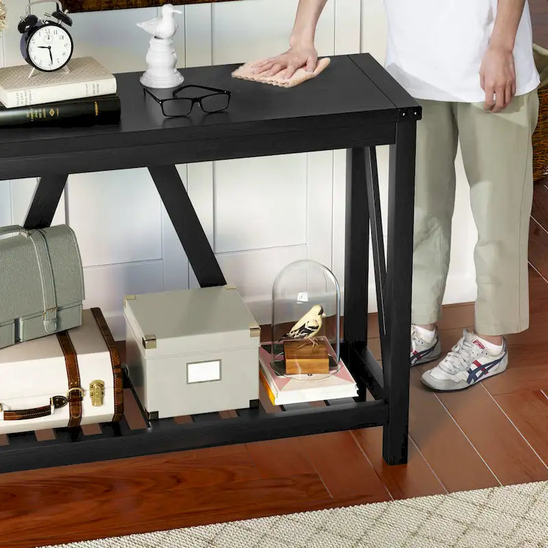 Console en A avec étagère, gris/noir/marron — 2 niveaux, pour 1 personne