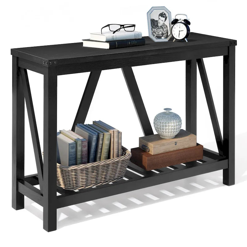 Console en A avec étagère, gris/noir/marron — 2 niveaux, pour 1 personne
