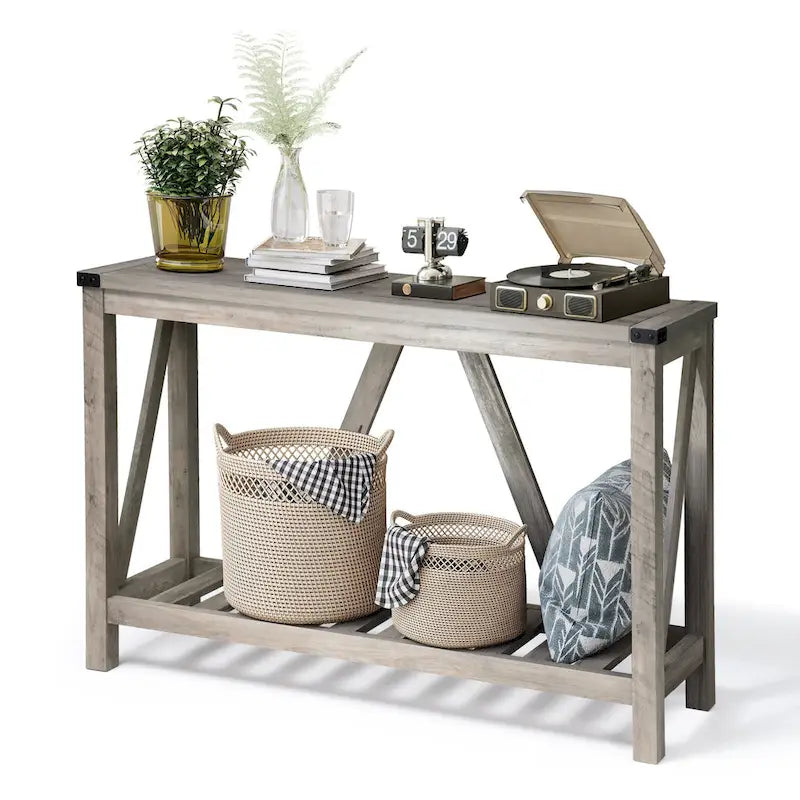 Console en A avec étagère, gris/noir/marron — 2 niveaux, pour 1 personne