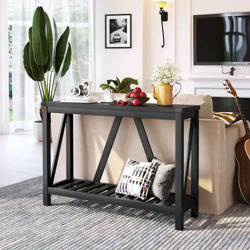Console en A avec étagère, gris/noir/marron — 2 niveaux, pour 1 personne