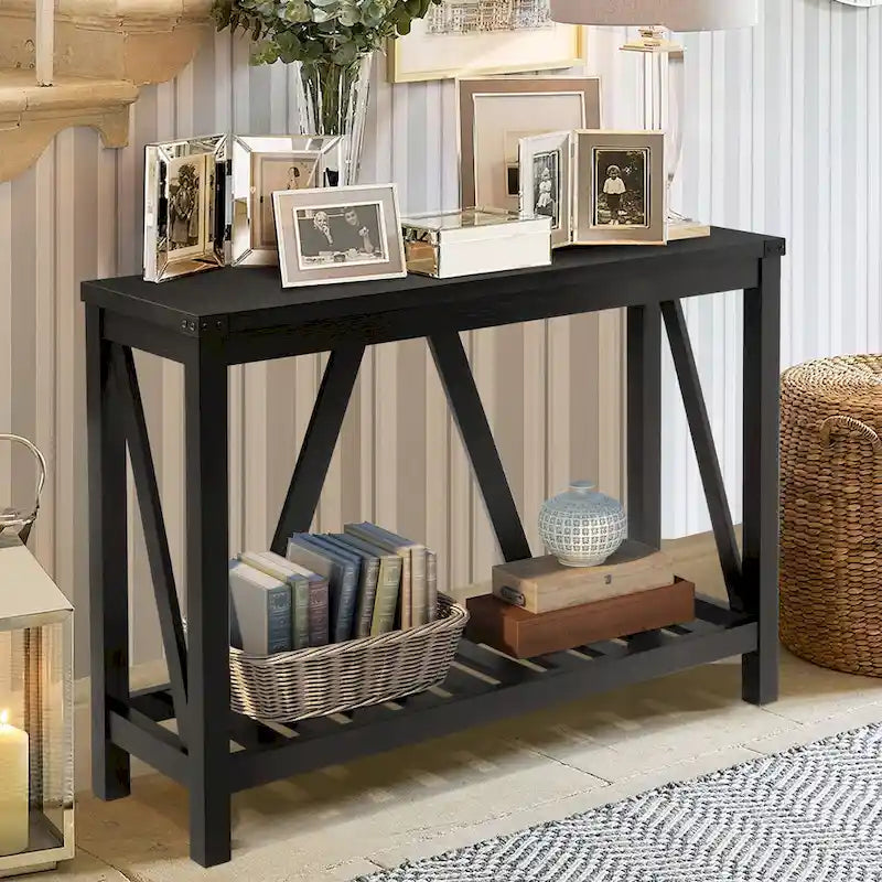 Console en A avec étagère, gris/noir/marron — 2 niveaux, pour 1 personne
