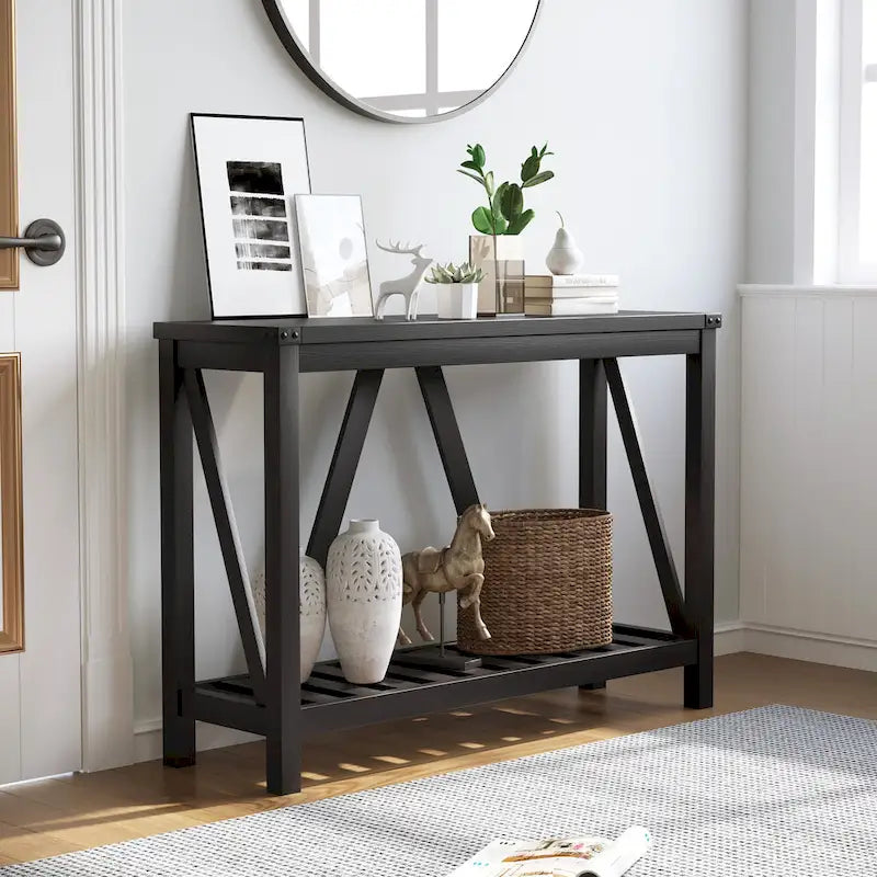 Console en A avec étagère, gris/noir/marron — 2 niveaux, pour 1 personne