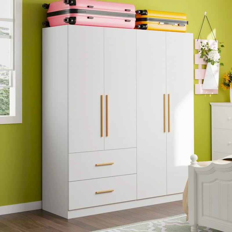 Armoire 4 portes blanche, assemblage par 2 personnes, rangement de chambre à coucher