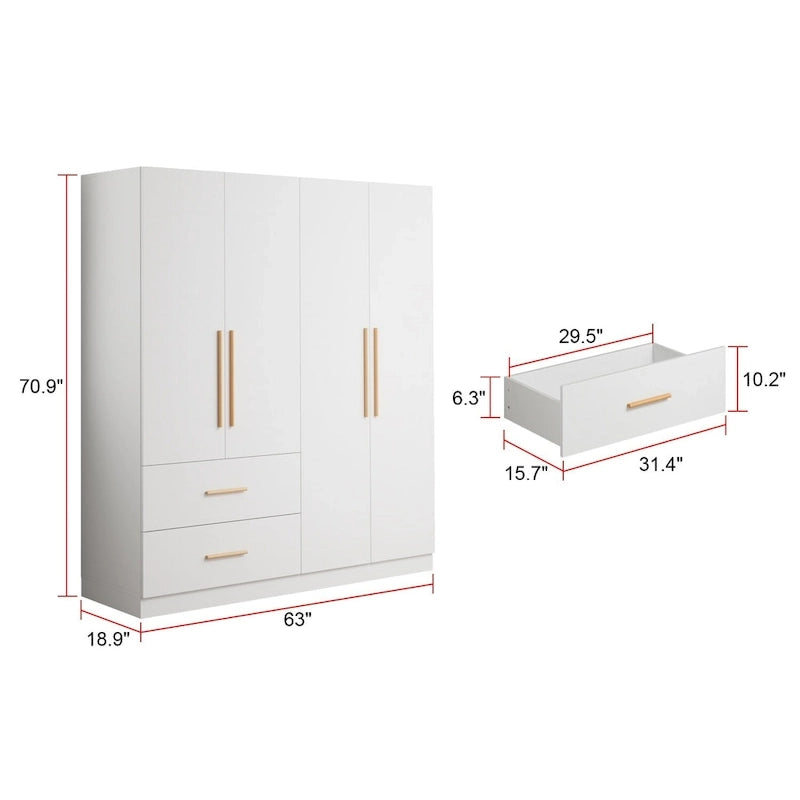 Armoire 4 portes blanche, assemblage par 2 personnes, rangement de chambre à coucher