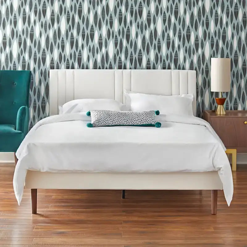 Lit plate-forme queen size capitonné à canaux bordeaux/crème/gris/rose pour 2 personnes