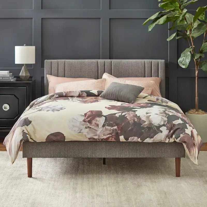 Lit plate-forme queen size capitonné à canaux bordeaux/crème/gris/rose pour 2 personnes