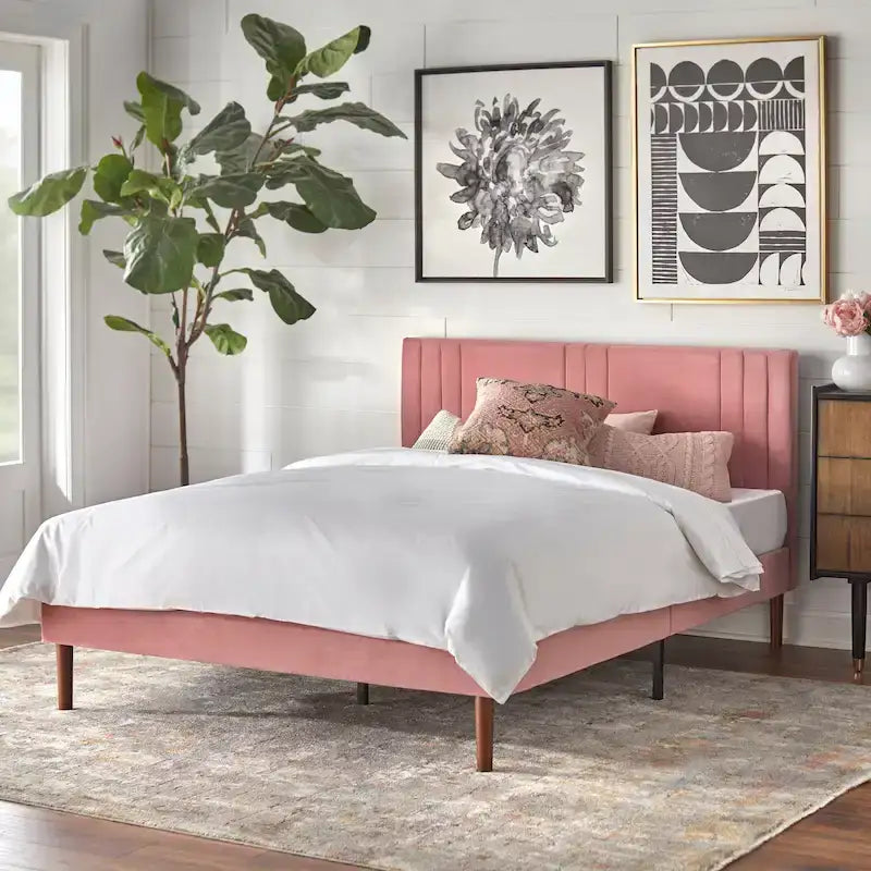 Lit plate-forme queen size capitonné à canaux bordeaux/crème/gris/rose pour 2 personnes
