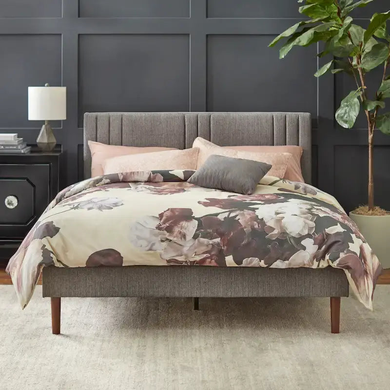 Lit plate-forme queen size capitonné à canaux bordeaux/crème/gris/rose pour 2 personnes