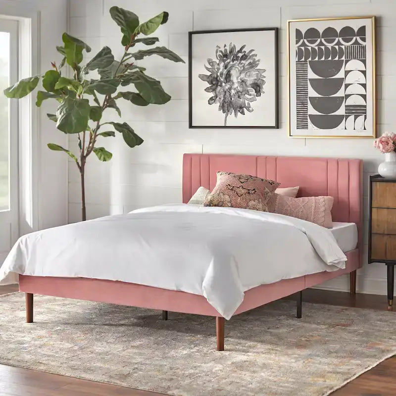 Lit plate-forme queen size capitonné à canaux bordeaux/crème/gris/rose pour 2 personnes