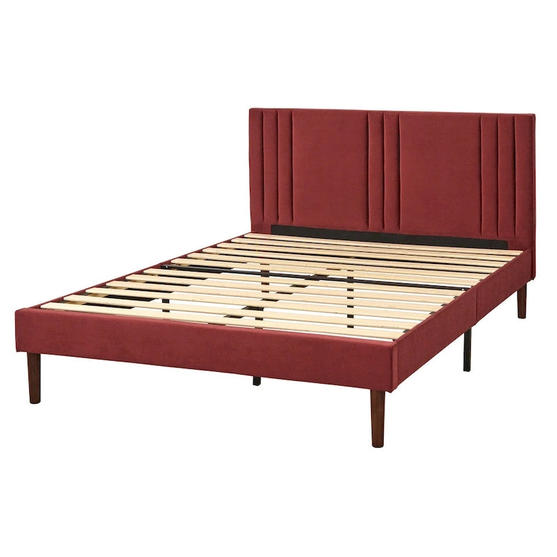 Lit plate-forme queen size capitonné à canaux bordeaux/crème/gris/rose pour 2 personnes
