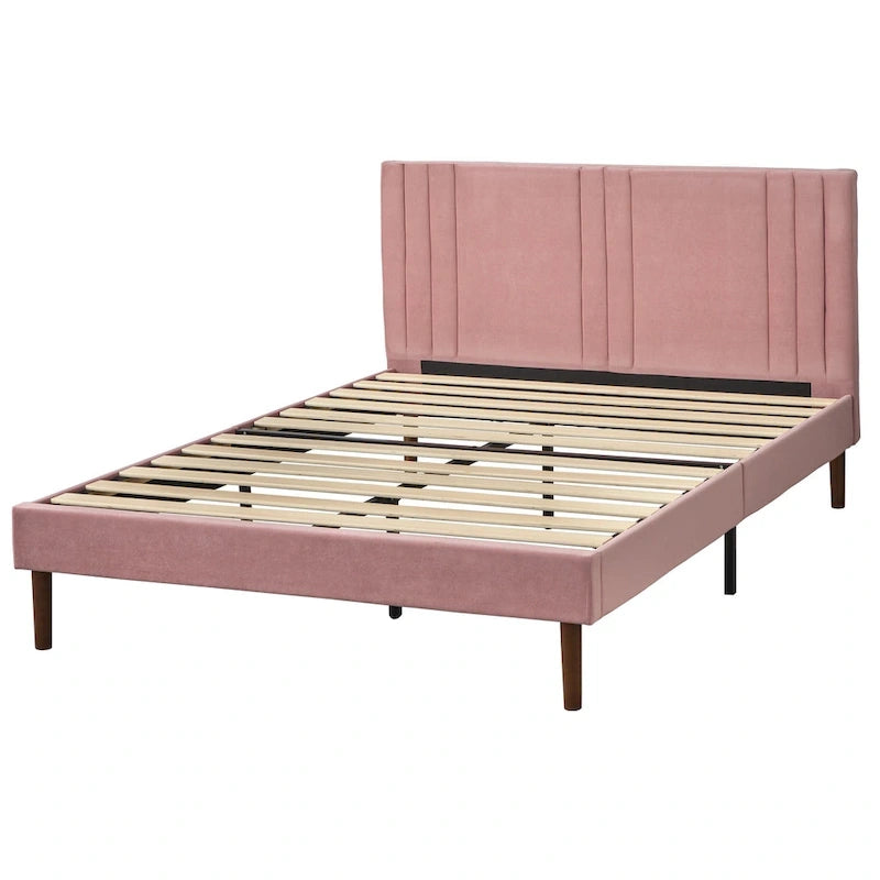 Lit plate-forme queen size capitonné à canaux bordeaux/crème/gris/rose pour 2 personnes
