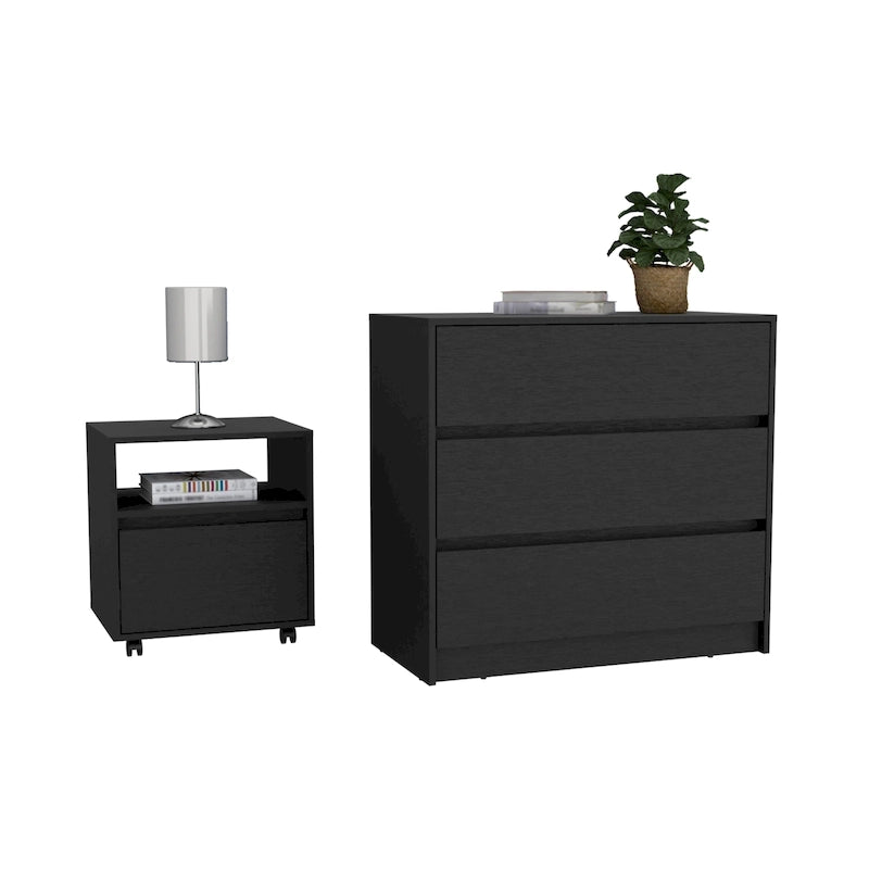 Ensemble de chambre 2 pièces : Table de chevet et commode - Noir/Blanc