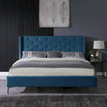 Cadre de lit en velours avec plateforme, bleu / noir / gris / beige, très grand lit, 2 personnes