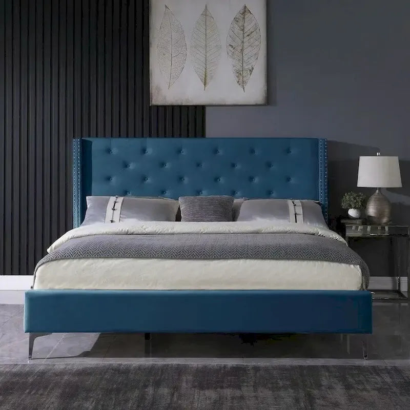 Cadre de lit en velours avec plateforme, bleu / noir / gris / beige, très grand lit, 2 personnes