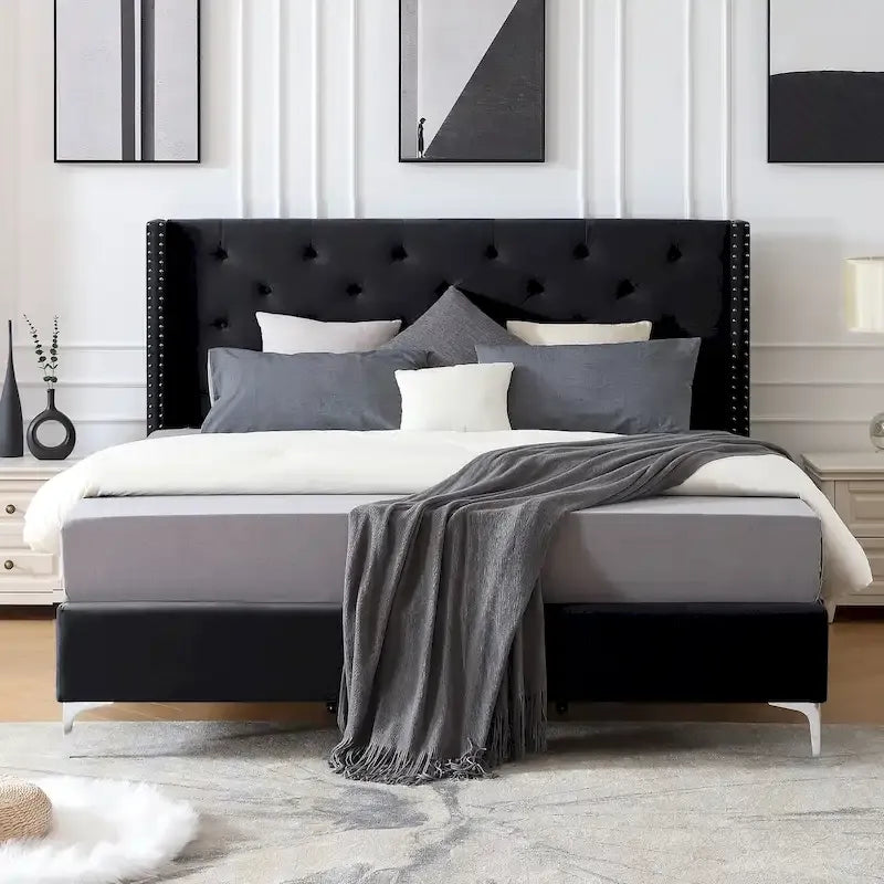 Cadre de lit en velours avec plateforme, bleu / noir / gris / beige, très grand lit, 2 personnes