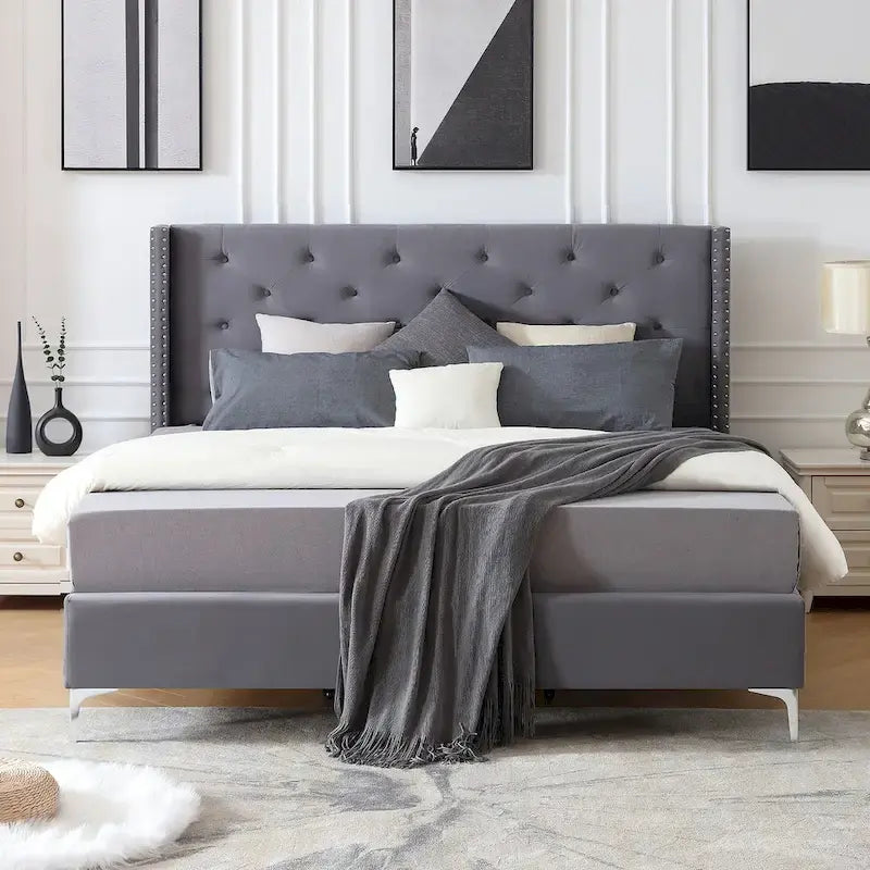 Cadre de lit en velours avec plateforme, bleu / noir / gris / beige, très grand lit, 2 personnes