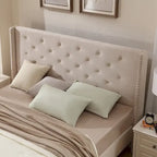 Cadre de lit en velours avec plateforme, bleu / noir / gris / beige, très grand lit, 2 personnes