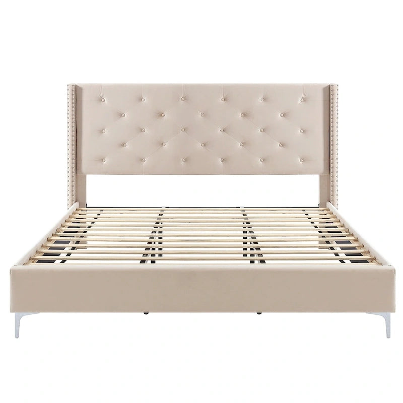 Cadre de lit en velours avec plateforme, bleu / noir / gris / beige, très grand lit, 2 personnes