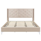 Cadre de lit en velours avec plateforme, bleu / noir / gris / beige, très grand lit, 2 personnes