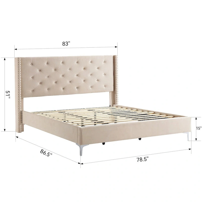 Cadre de lit en velours avec plateforme, bleu / noir / gris / beige, très grand lit, 2 personnes