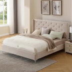 Cadre de lit en velours avec plateforme, bleu / noir / gris / beige, très grand lit, 2 personnes