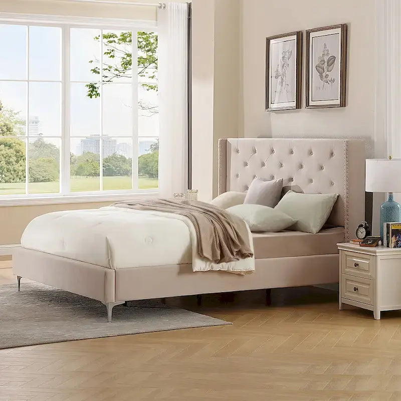 Cadre de lit en velours avec plateforme, bleu / noir / gris / beige, très grand lit, 2 personnes