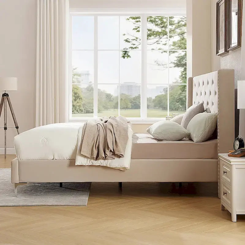 Cadre de lit en velours avec plateforme, bleu / noir / gris / beige, très grand lit, 2 personnes