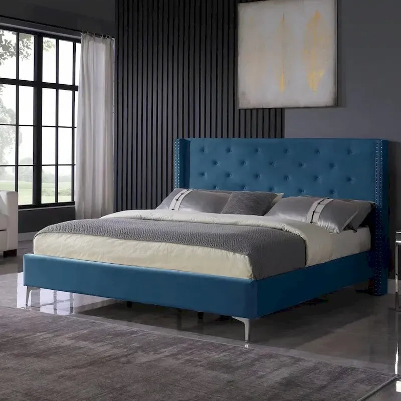 Cadre de lit en velours avec plateforme, bleu / noir / gris / beige, très grand lit, 2 personnes