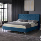 Cadre de lit en velours avec plateforme, bleu / noir / gris / beige, très grand lit, 2 personnes
