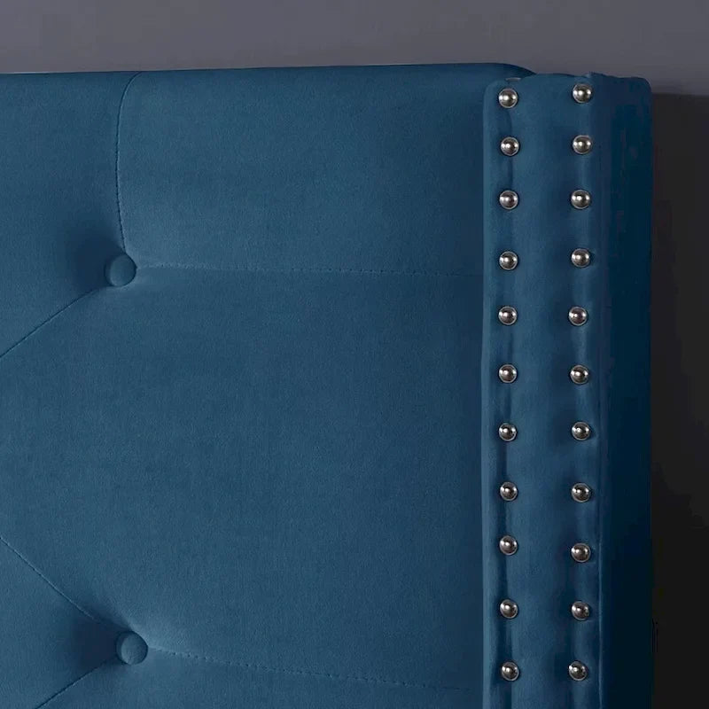 Cadre de lit en velours avec plateforme, bleu / noir / gris / beige, très grand lit, 2 personnes
