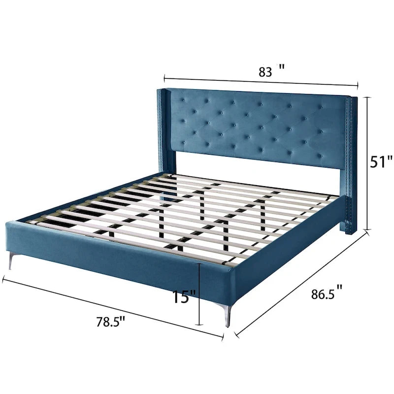 Cadre de lit en velours avec plateforme, bleu / noir / gris / beige, très grand lit, 2 personnes