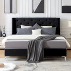 Cadre de lit en velours avec plateforme, bleu / noir / gris / beige, très grand lit, 2 personnes