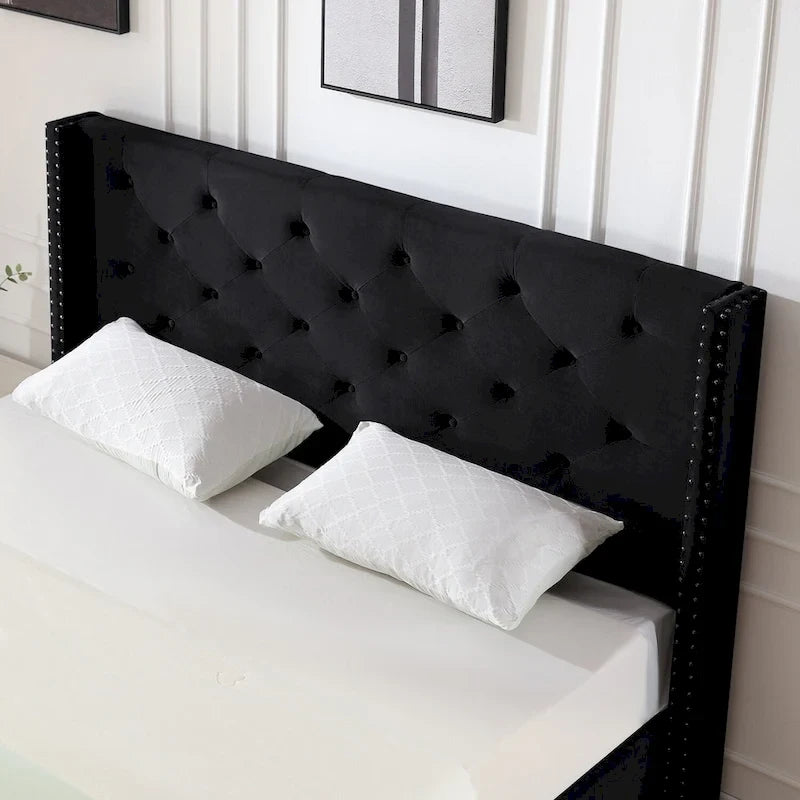 Cadre de lit en velours avec plateforme, bleu / noir / gris / beige, très grand lit, 2 personnes
