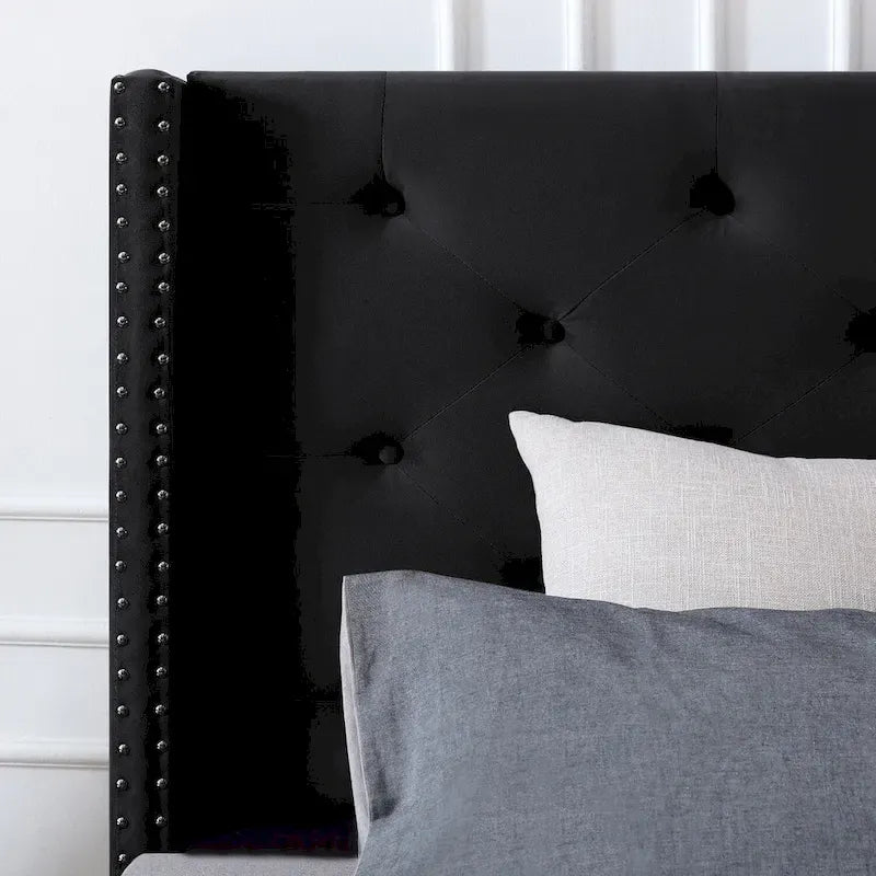 Cadre de lit en velours avec plateforme, bleu / noir / gris / beige, très grand lit, 2 personnes