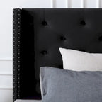 Cadre de lit en velours avec plateforme, bleu / noir / gris / beige, très grand lit, 2 personnes