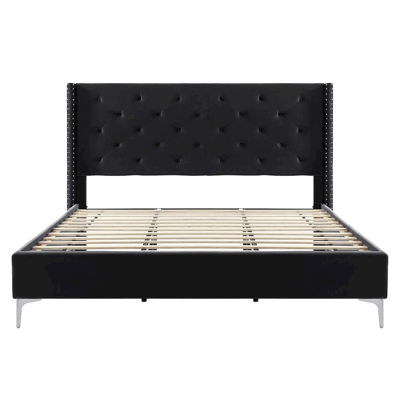 Cadre de lit en velours avec plateforme, bleu / noir / gris / beige, très grand lit, 2 personnes