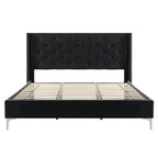 Cadre de lit en velours avec plateforme, bleu / noir / gris / beige, très grand lit, 2 personnes