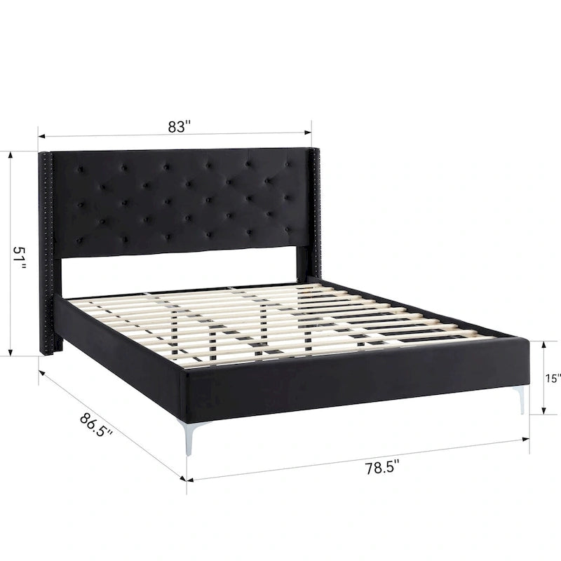 Cadre de lit en velours avec plateforme, bleu / noir / gris / beige, très grand lit, 2 personnes
