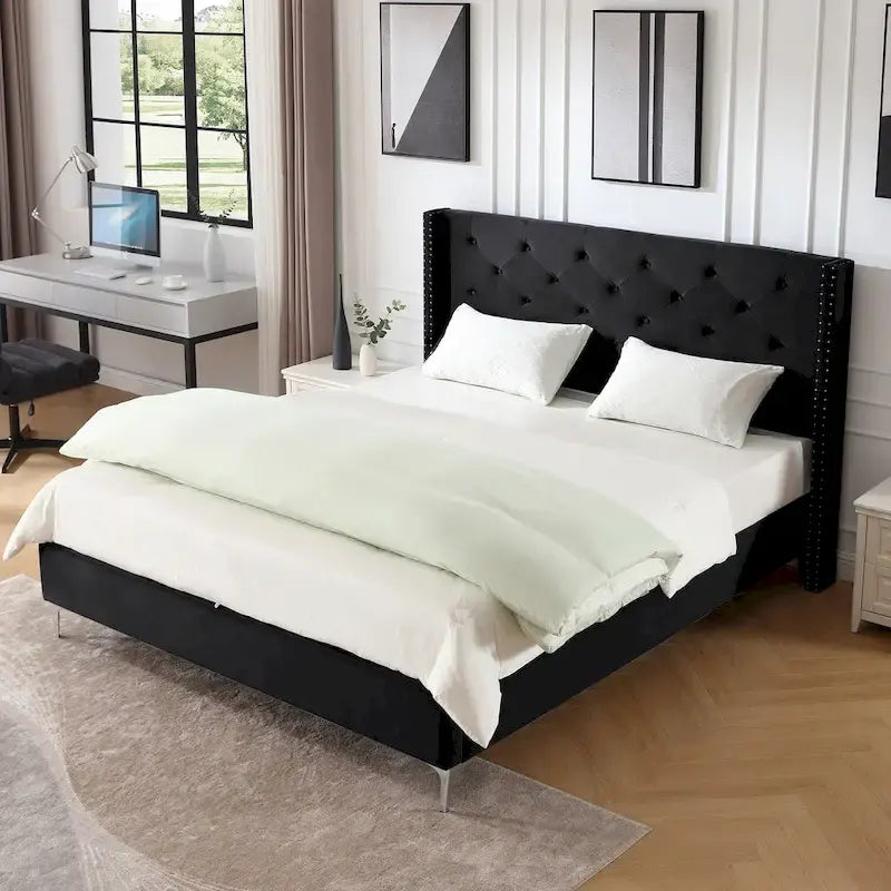 Cadre de lit en velours avec plateforme, bleu / noir / gris / beige, très grand lit, 2 personnes